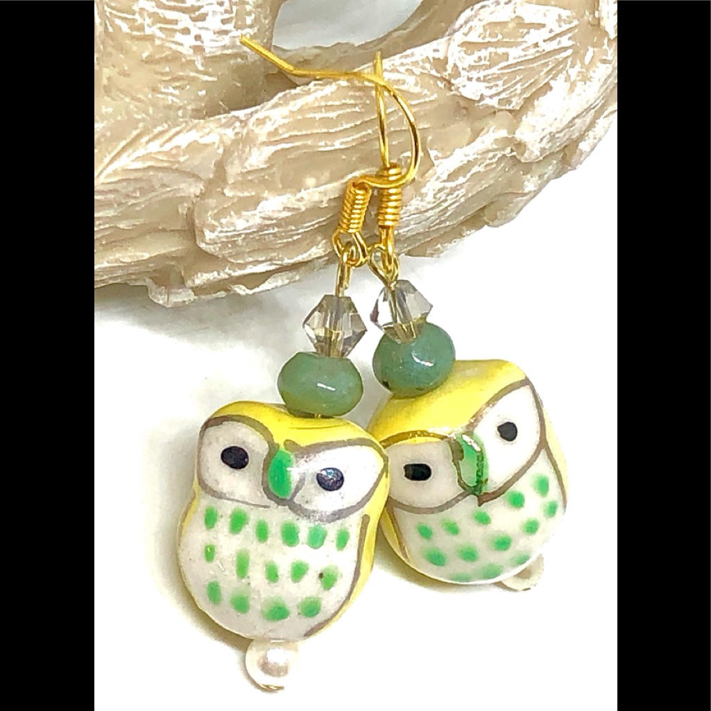 Yellow White Spotted Ceramic Owl Green Jasper Gray Crystal And Pearl Earrings